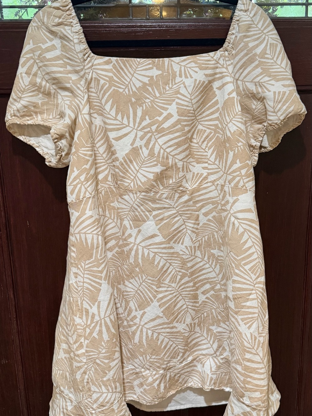 LOFT Beige and White Leaf-Print Mini Dress